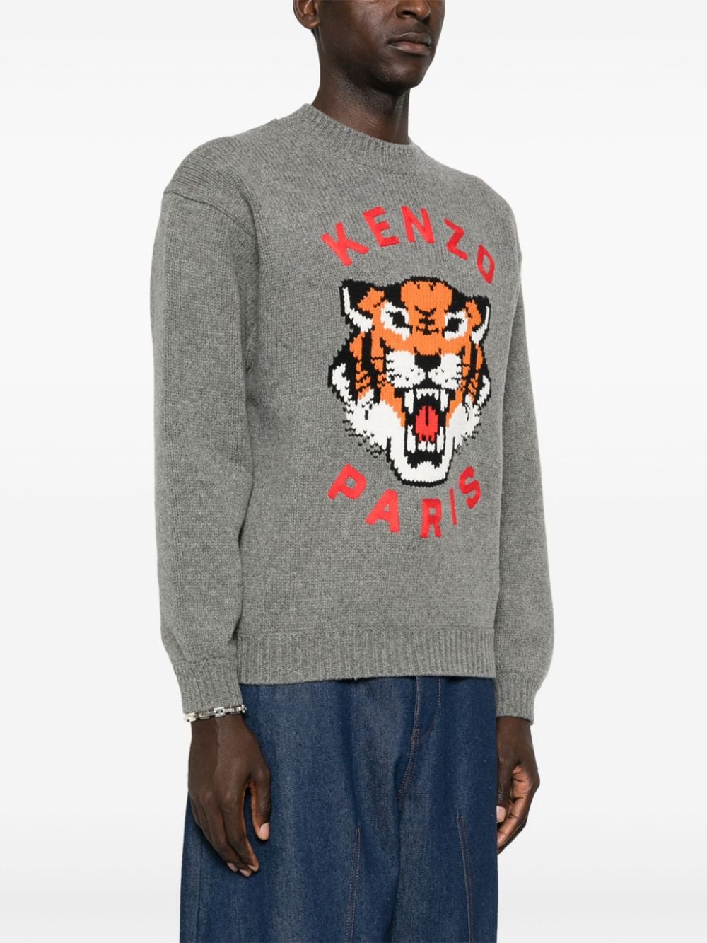 Kenzo Grey Wool Blend Tiger Intarsia Knit Sweater image 3