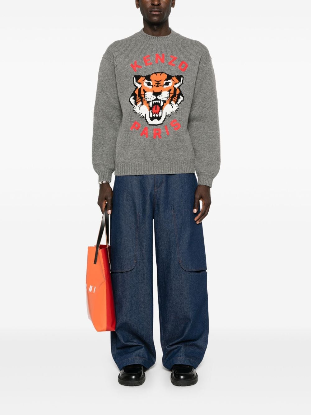 Kenzo Grey Wool Blend Tiger Intarsia Knit Sweater image 4