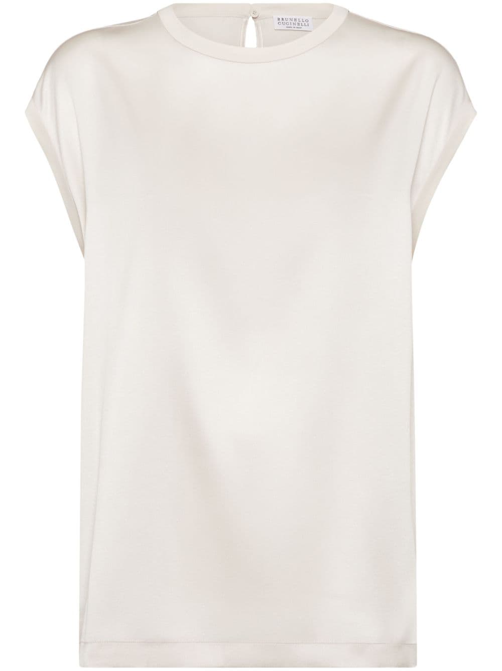 Brunello Cucinelli Beige Stretch-Silk Satin Top with Monili Chain Detail image 0