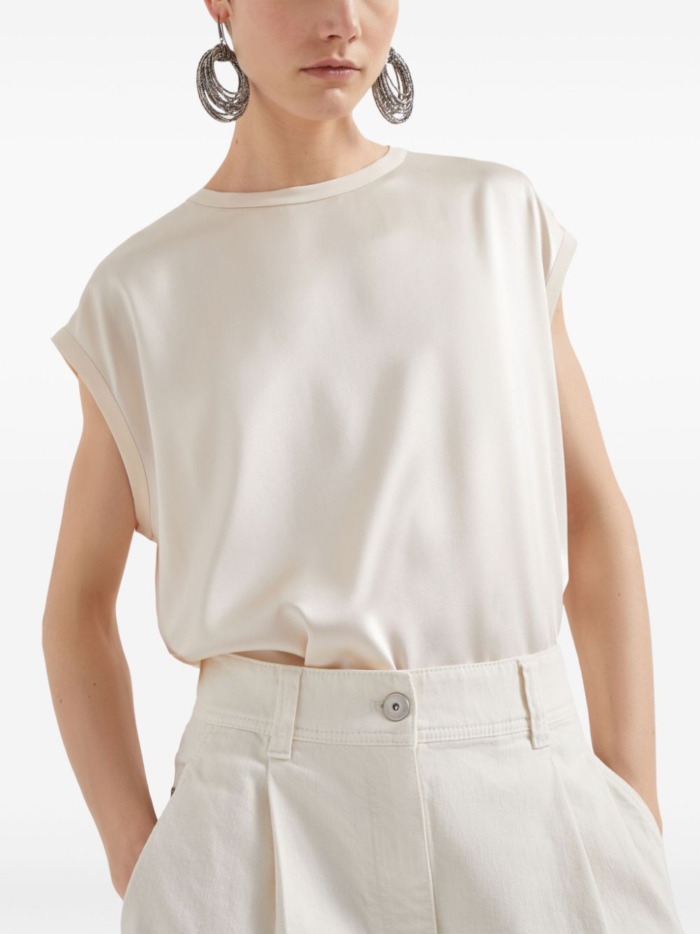 Brunello Cucinelli Beige Stretch-Silk Satin Top with Monili Chain Detail image 3