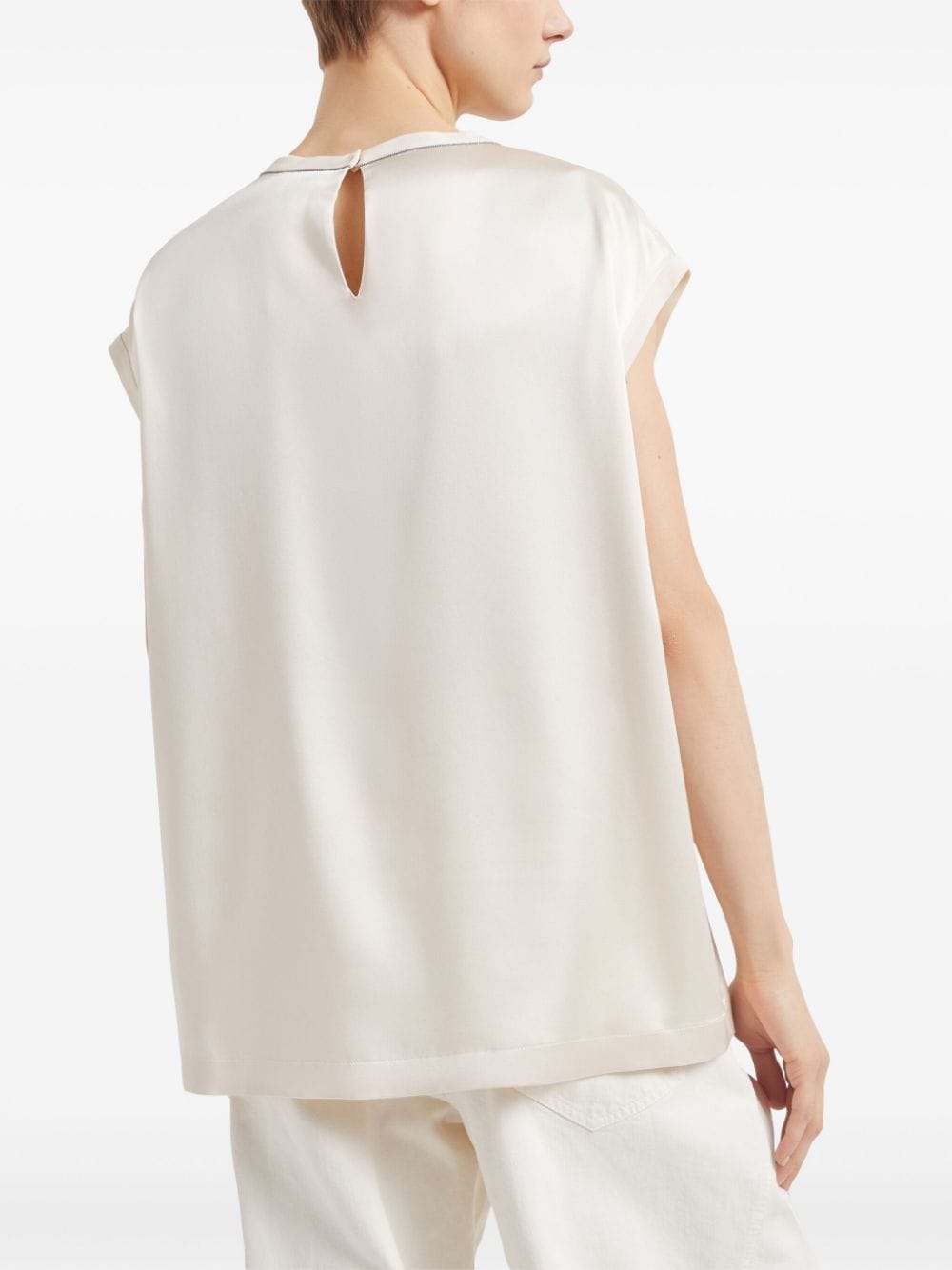 Brunello Cucinelli Beige Stretch-Silk Satin Top with Monili Chain Detail image 4