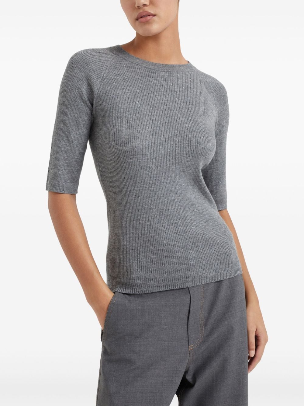 Brunello Cucinelli Heather Grey Ribbed Knit Sweater image 3