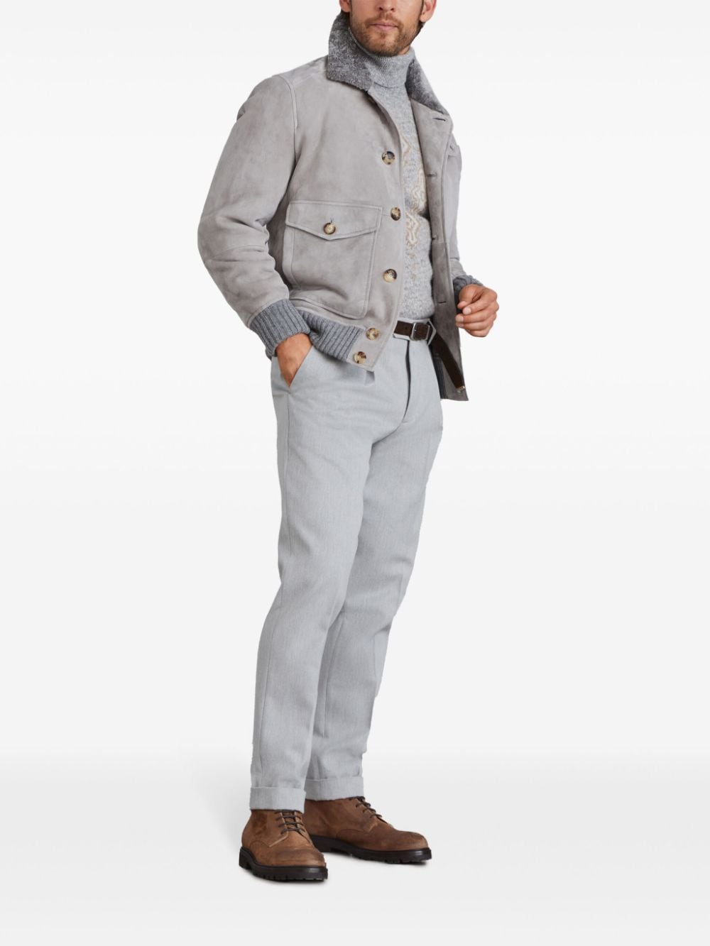 Brunello Cucinelli Light Grey Suede Shearling Collar Jacket image 1