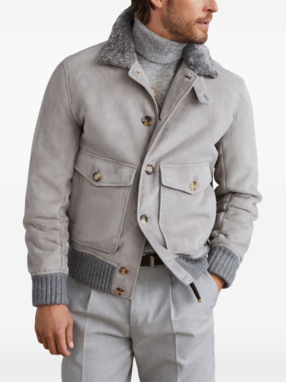 Brunello Cucinelli Light Grey Suede Shearling Collar Jacket image 2