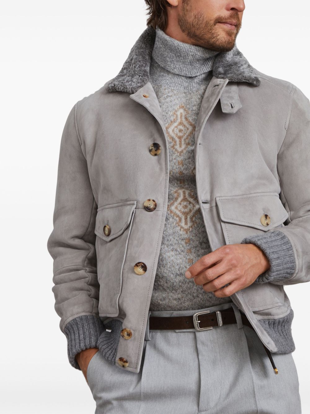 Brunello Cucinelli Light Grey Suede Shearling Collar Jacket image 3