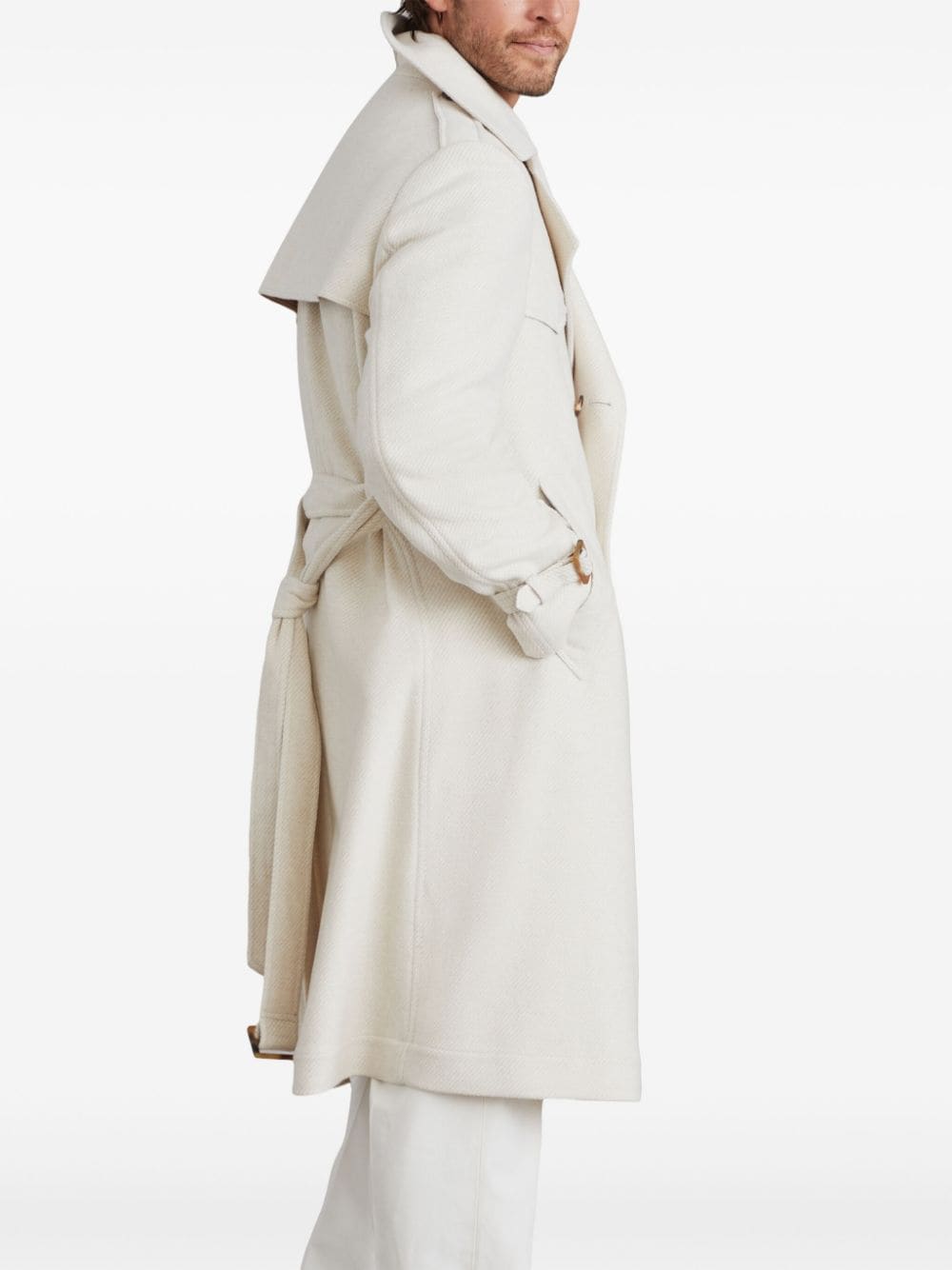 Brunello Cucinelli Cream Diagonal Stripe Wool-Silk-Cashmere Blend Coat image 2