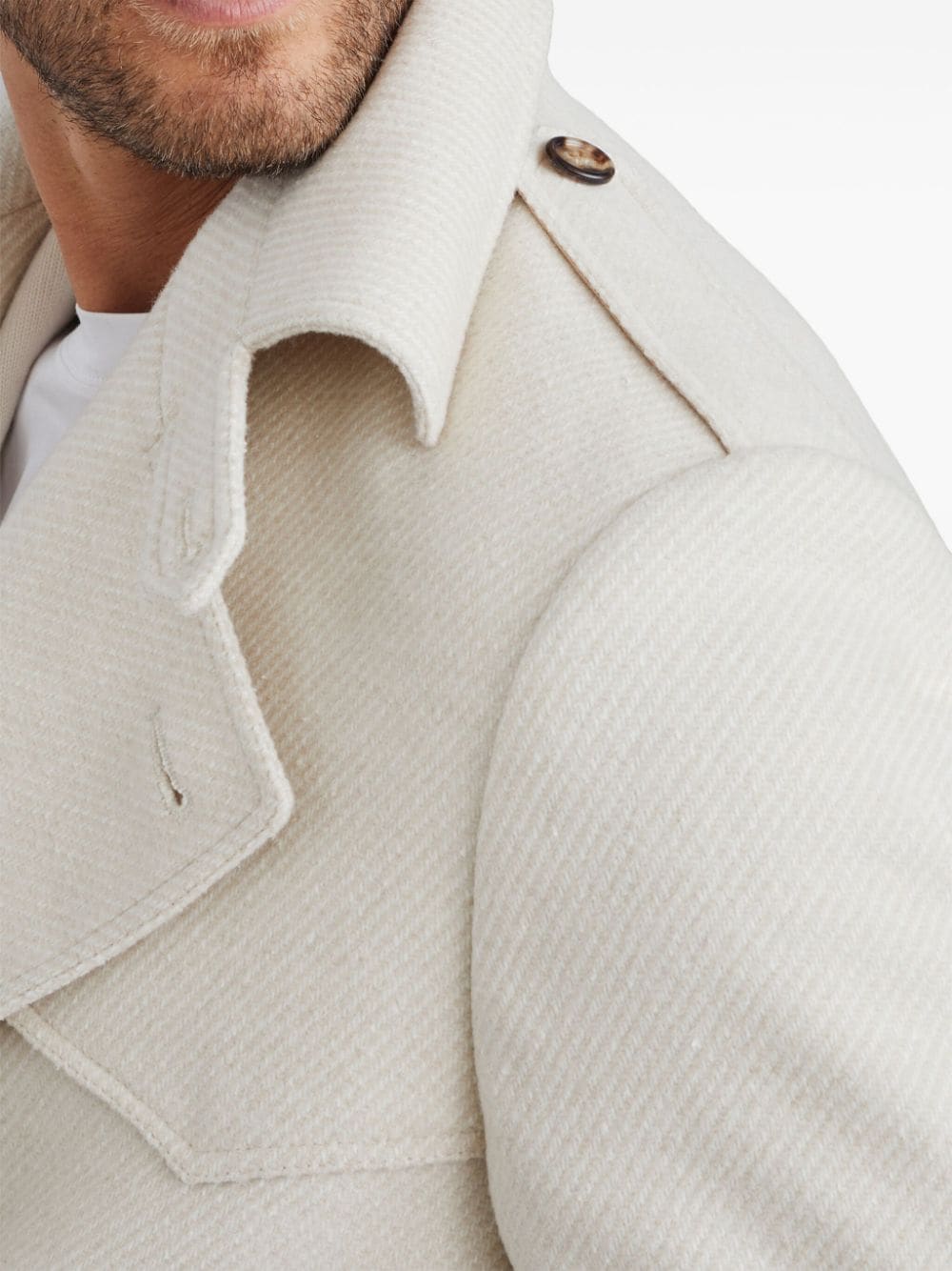 Brunello Cucinelli Cream Diagonal Stripe Wool-Silk-Cashmere Blend Coat image 3