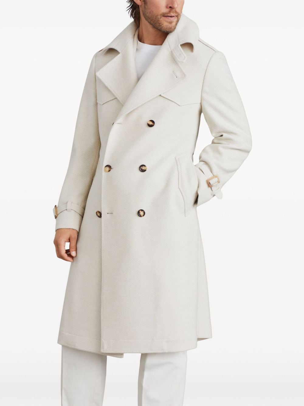 Brunello Cucinelli Cream Diagonal Stripe Wool-Silk-Cashmere Blend Coat image 4