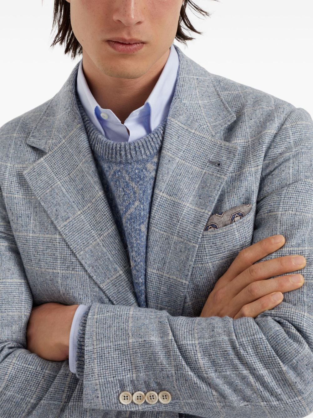 Brunello Cucinelli Prince of Wales Check Silk-Wool-Cashmere Blend Jacket - Light Blue image 3