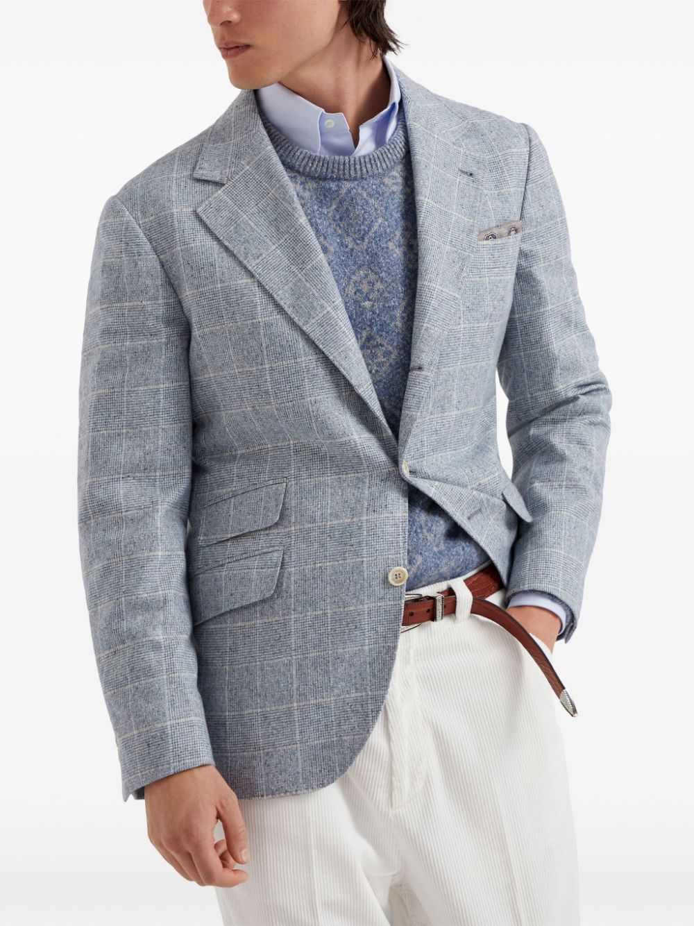 Brunello Cucinelli Prince of Wales Check Silk-Wool-Cashmere Blend Jacket - Light Blue image 5