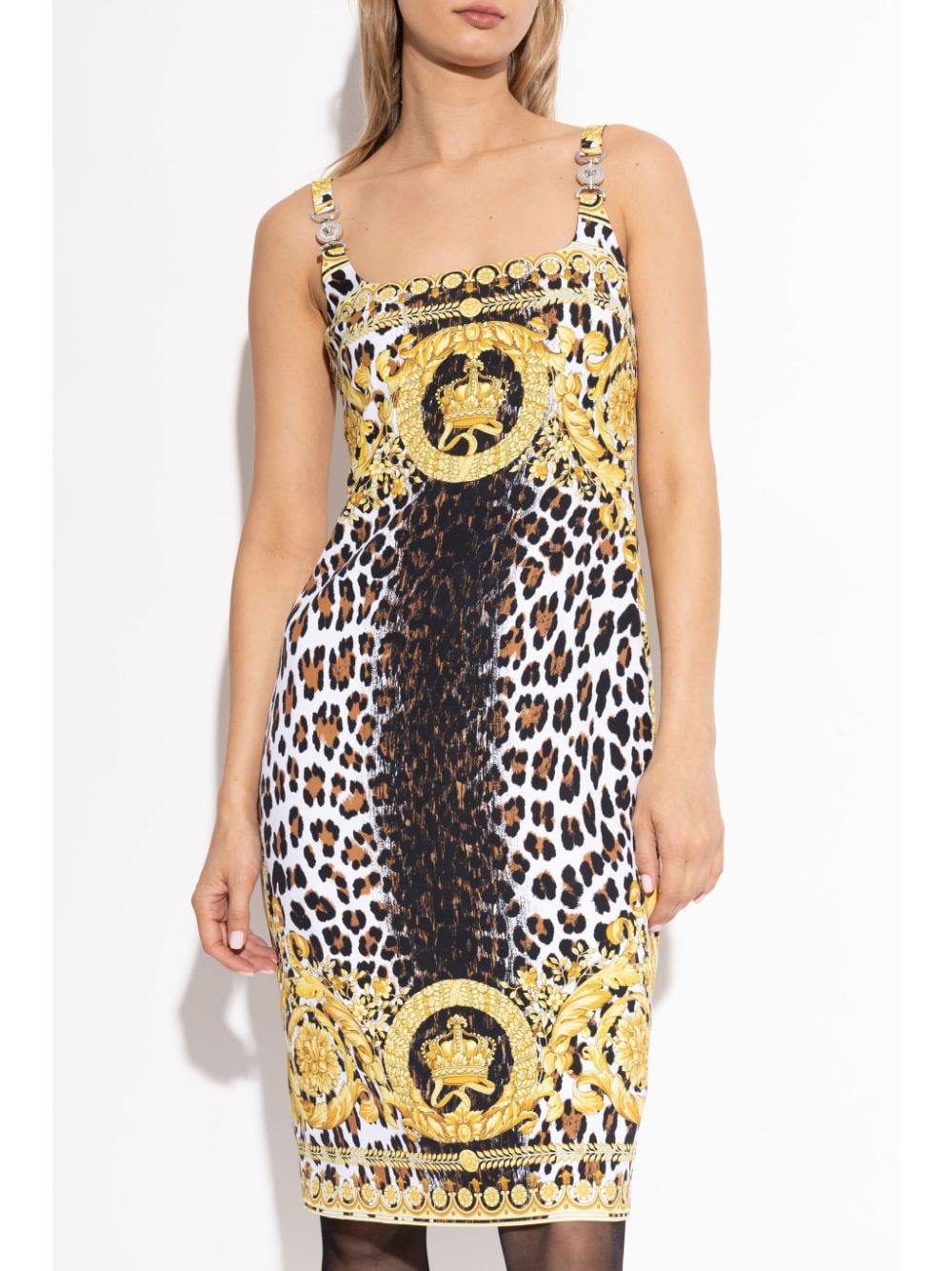 Versace Women's Square Neck Sleeveless Knee-Length Leopard Print Dress with Medusa Head Motif image 2