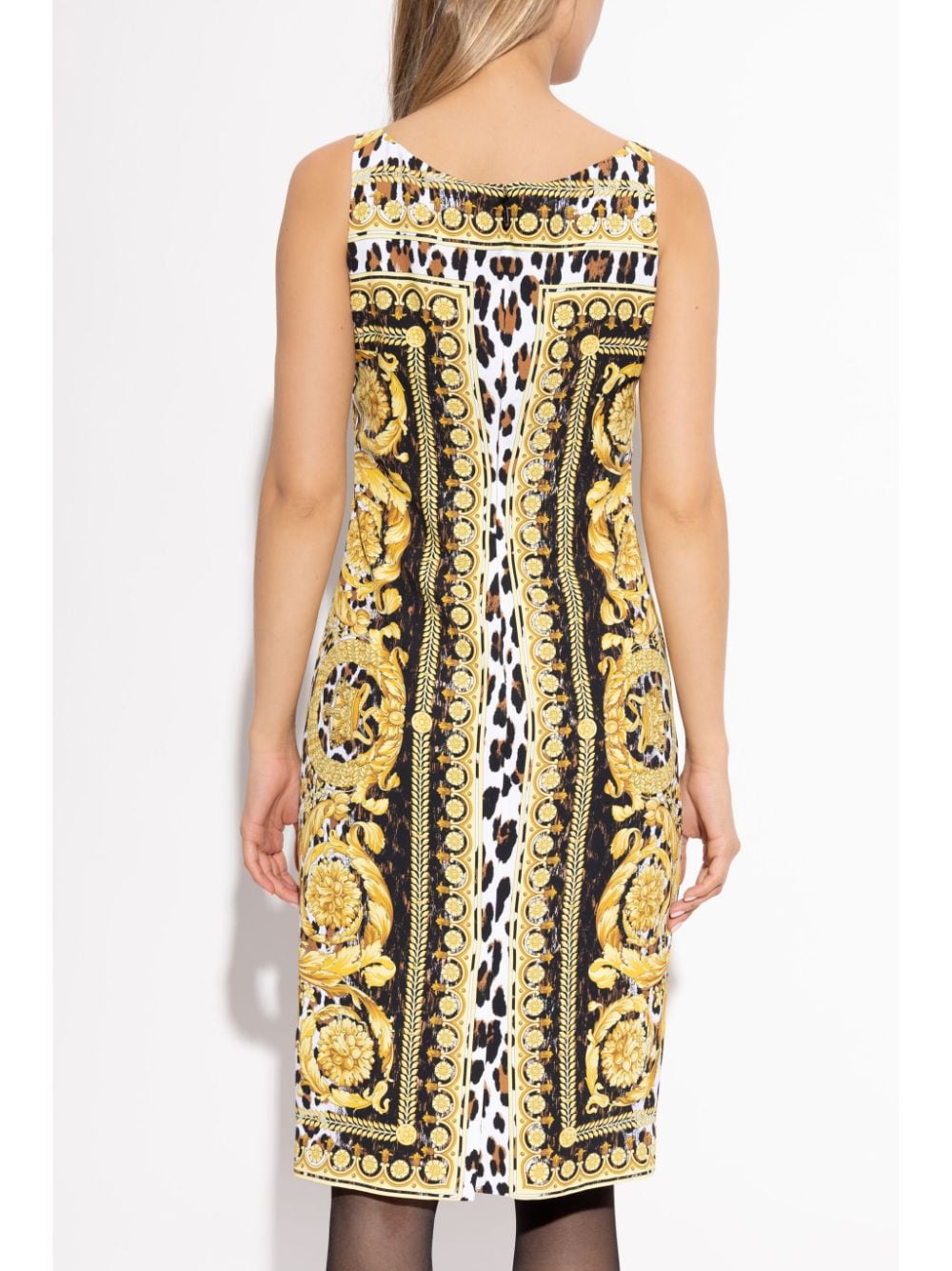 Versace Women's Square Neck Sleeveless Knee-Length Leopard Print Dress with Medusa Head Motif image 3