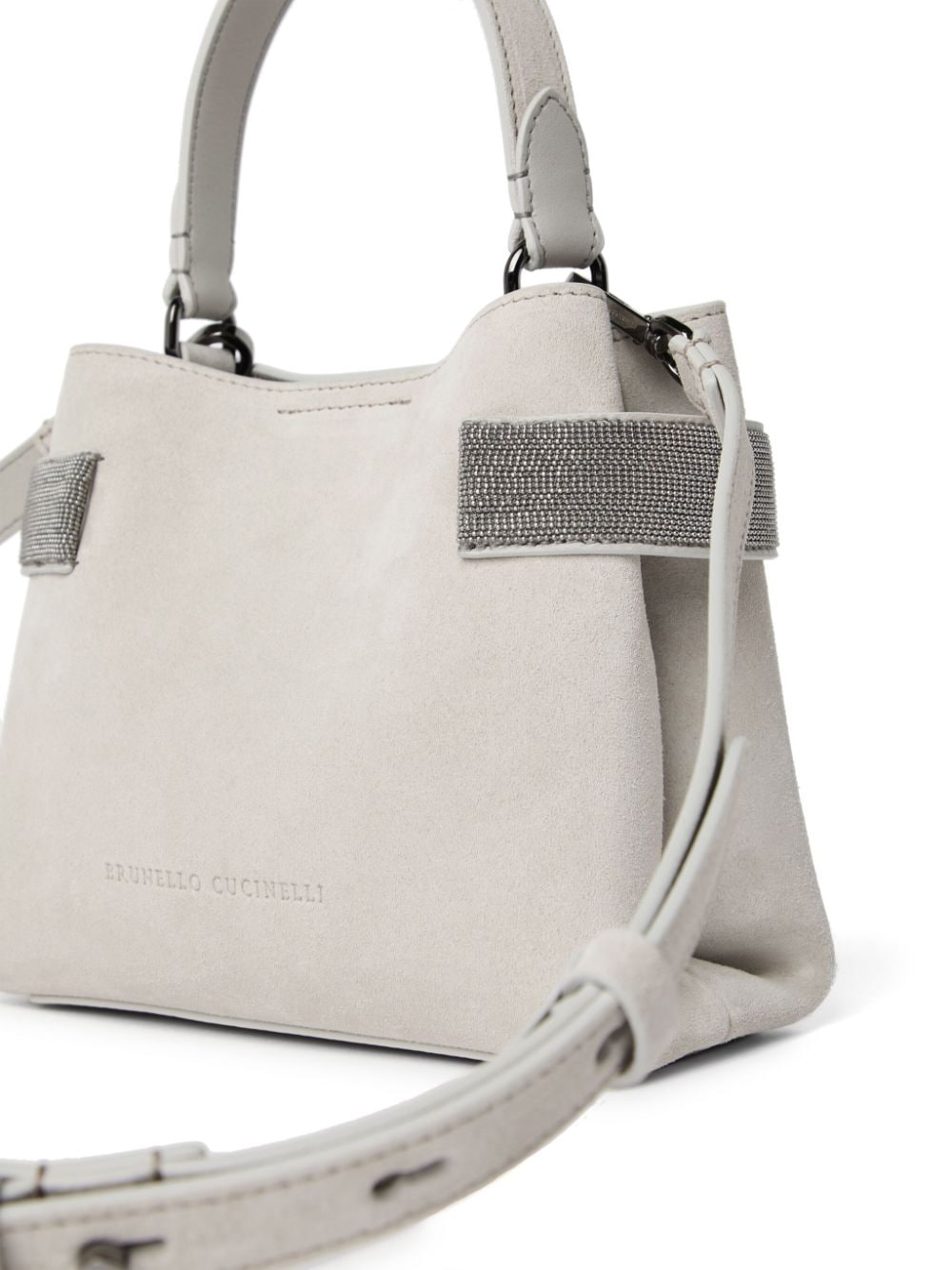 Brunello Cucinelli Light Grey Suede Shoulder Bag with Monili Chain Detail image 1