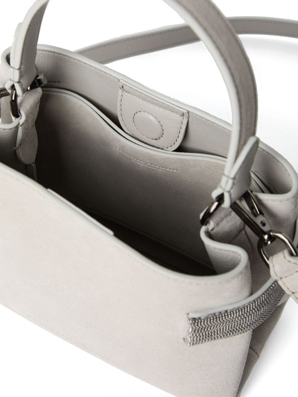 Brunello Cucinelli Light Grey Suede Shoulder Bag with Monili Chain Detail image 5