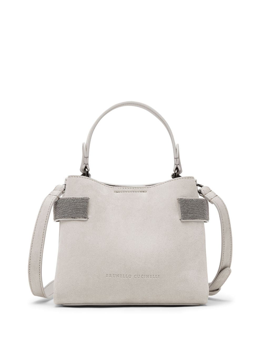 Brunello Cucinelli Light Grey Suede Shoulder Bag with Monili Chain Detail image 0