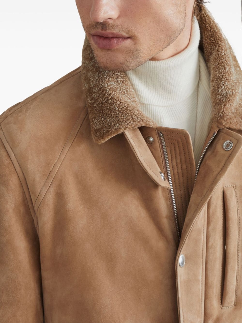 Brunello Cucinelli Beige Shearling Collar Leather Jacket image 2