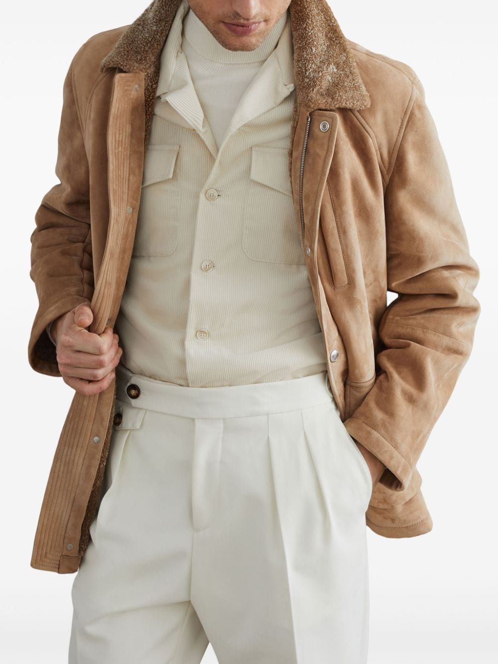 Brunello Cucinelli Beige Shearling Collar Leather Jacket image 3