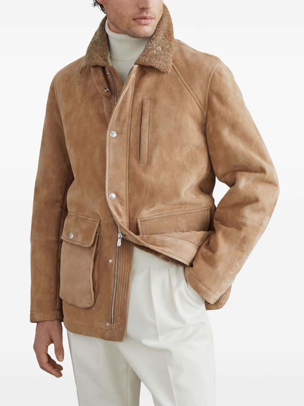 Brunello Cucinelli Beige Shearling Collar Leather Jacket image 4