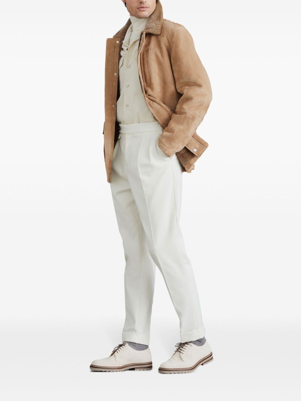 Brunello Cucinelli Beige Shearling Collar Leather Jacket image 5