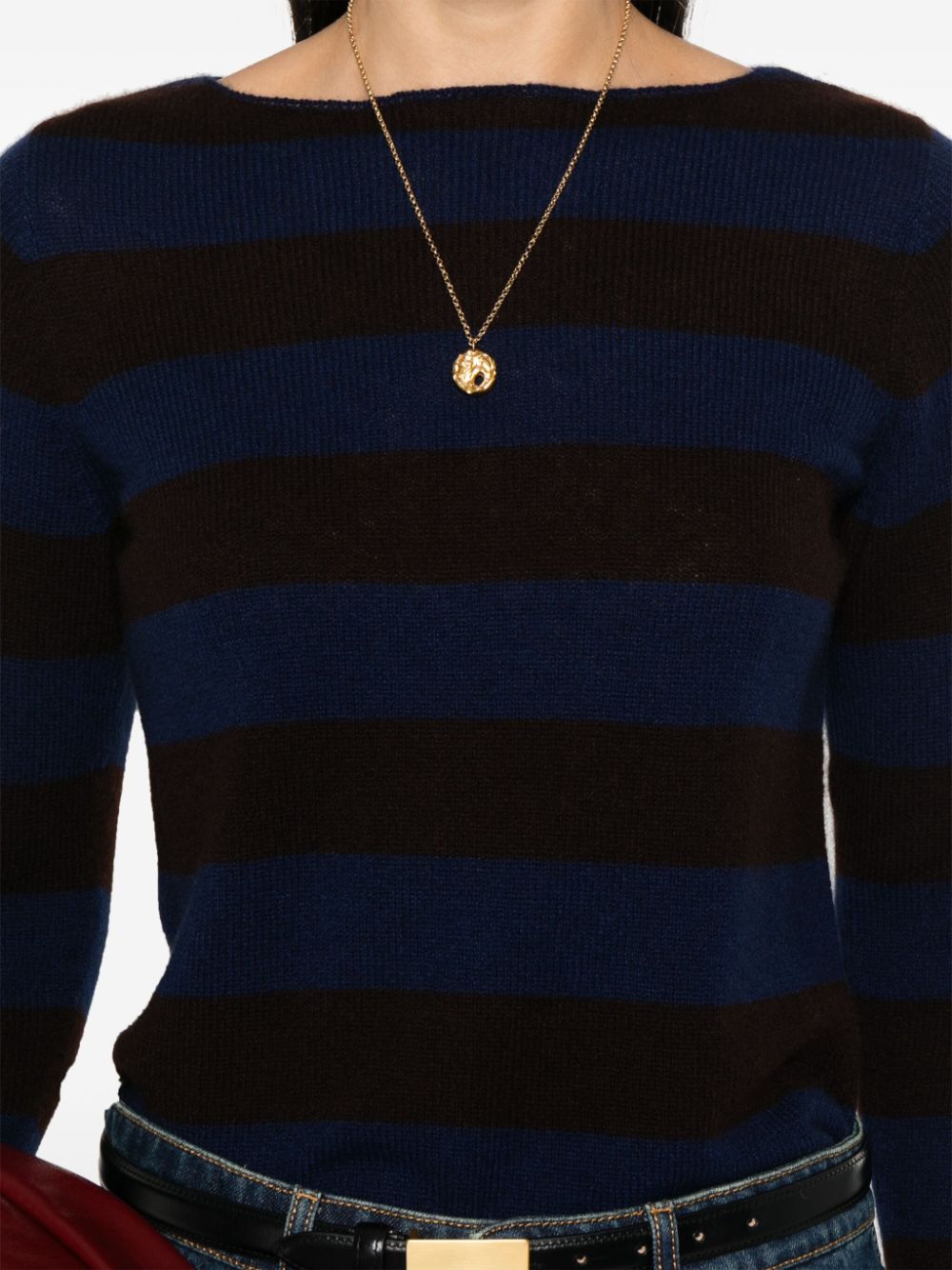 BEYOU Blue Cashmere Sweater with Horizontal Stripe Pattern image 3