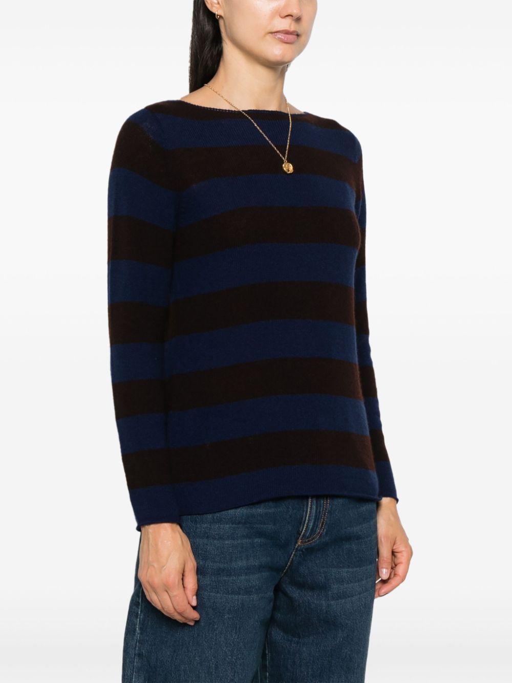 BEYOU Blue Cashmere Sweater with Horizontal Stripe Pattern image 4