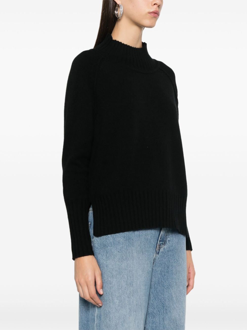 BEYOU Black Cashmere Mock Neck Sweater with Ribbed Trims image 3