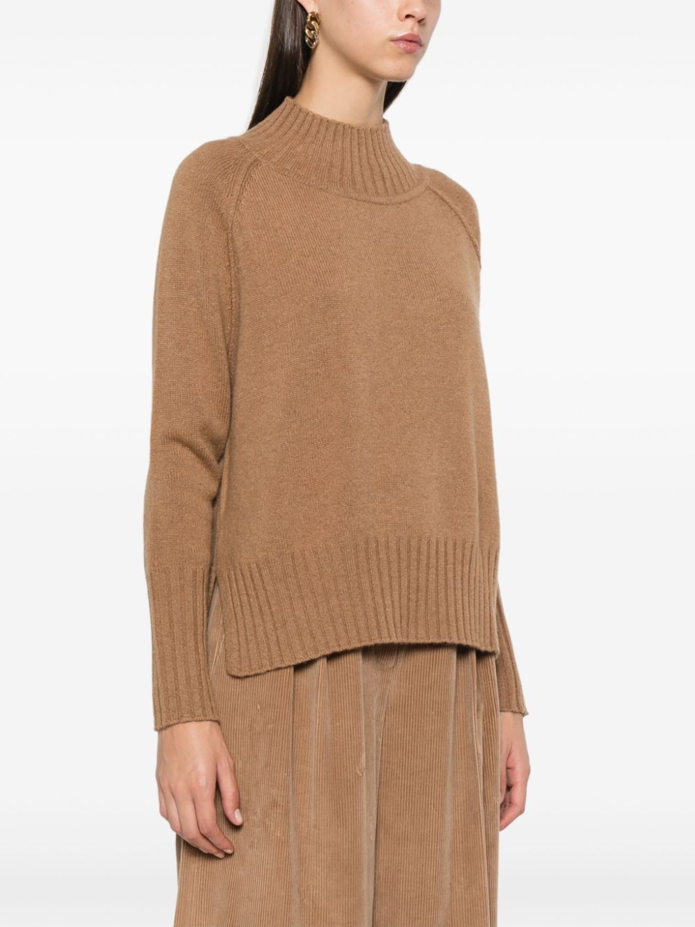 Camel Cashmere Mock Neck Sweater with Ribbed Trim image 3