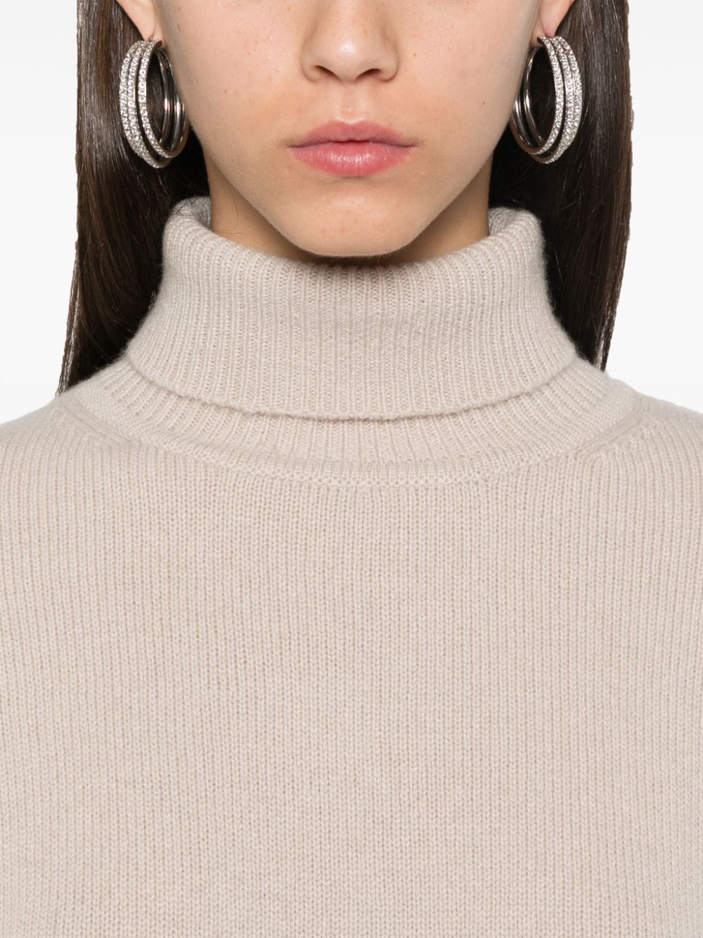 BEYOU Beige Cashmere Ribbed Roll Neck Sweater with Side Slits image 1