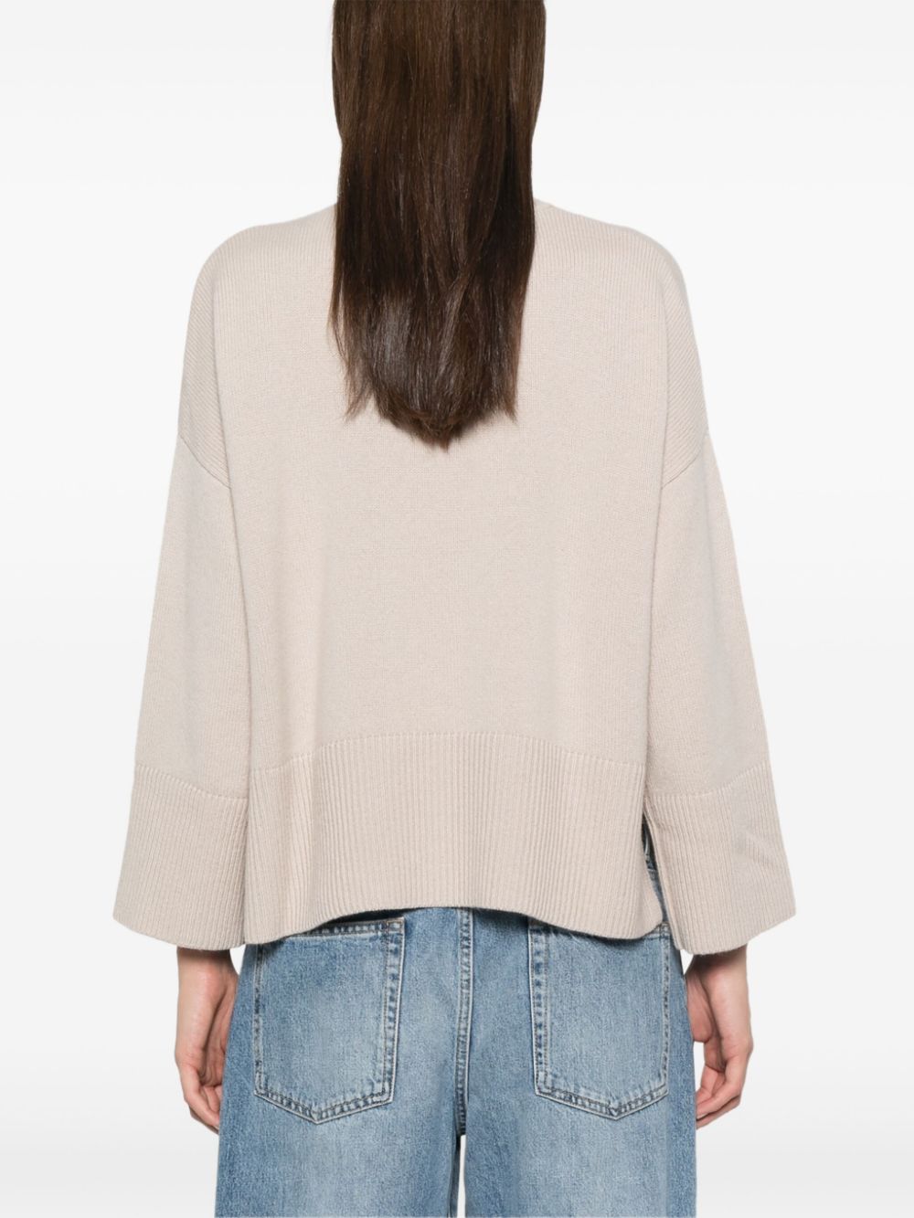 BEYOU Beige Cashmere Ribbed Roll Neck Sweater with Side Slits image 2