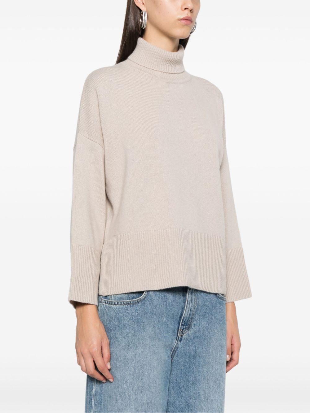 BEYOU Beige Cashmere Ribbed Roll Neck Sweater with Side Slits image 3