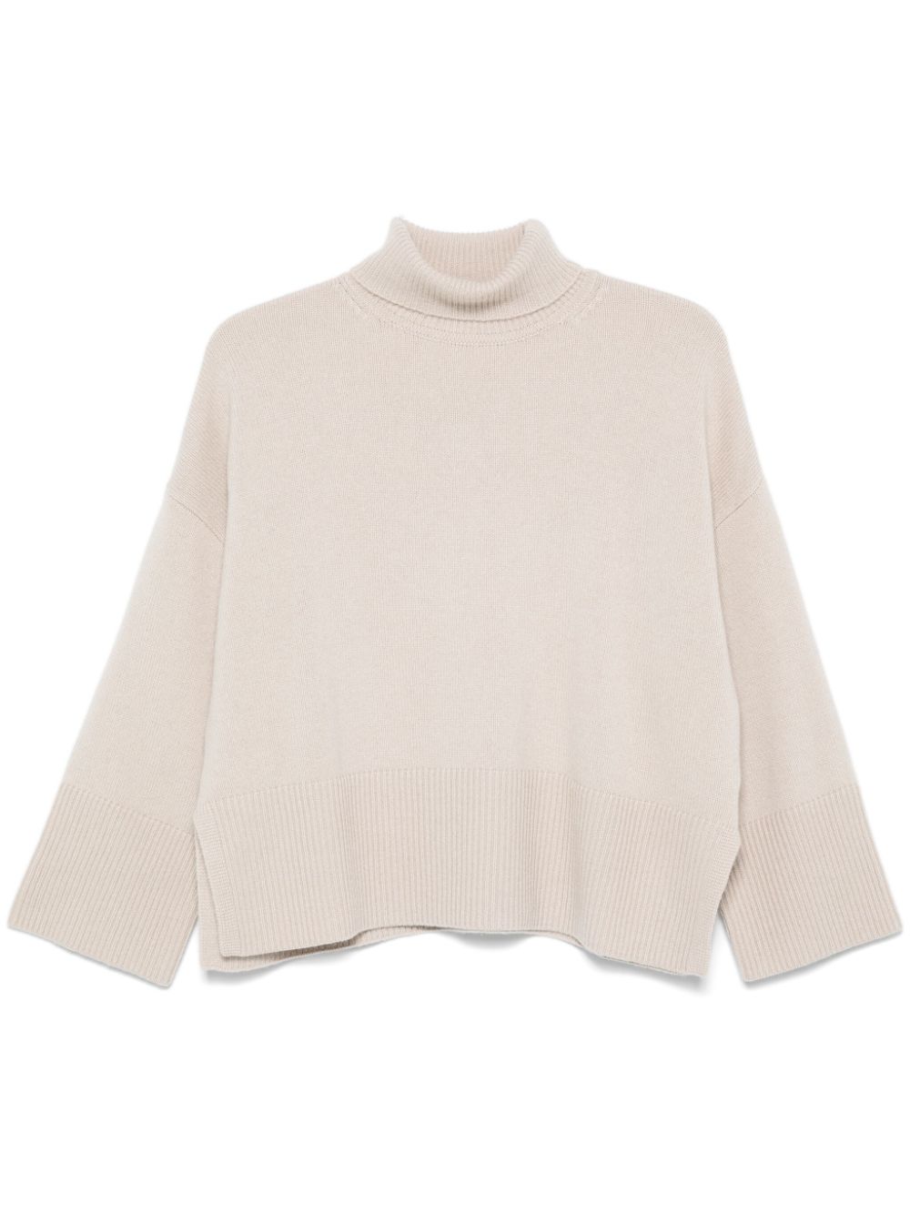 BEYOU Beige Cashmere Ribbed Roll Neck Sweater with Side Slits image 0