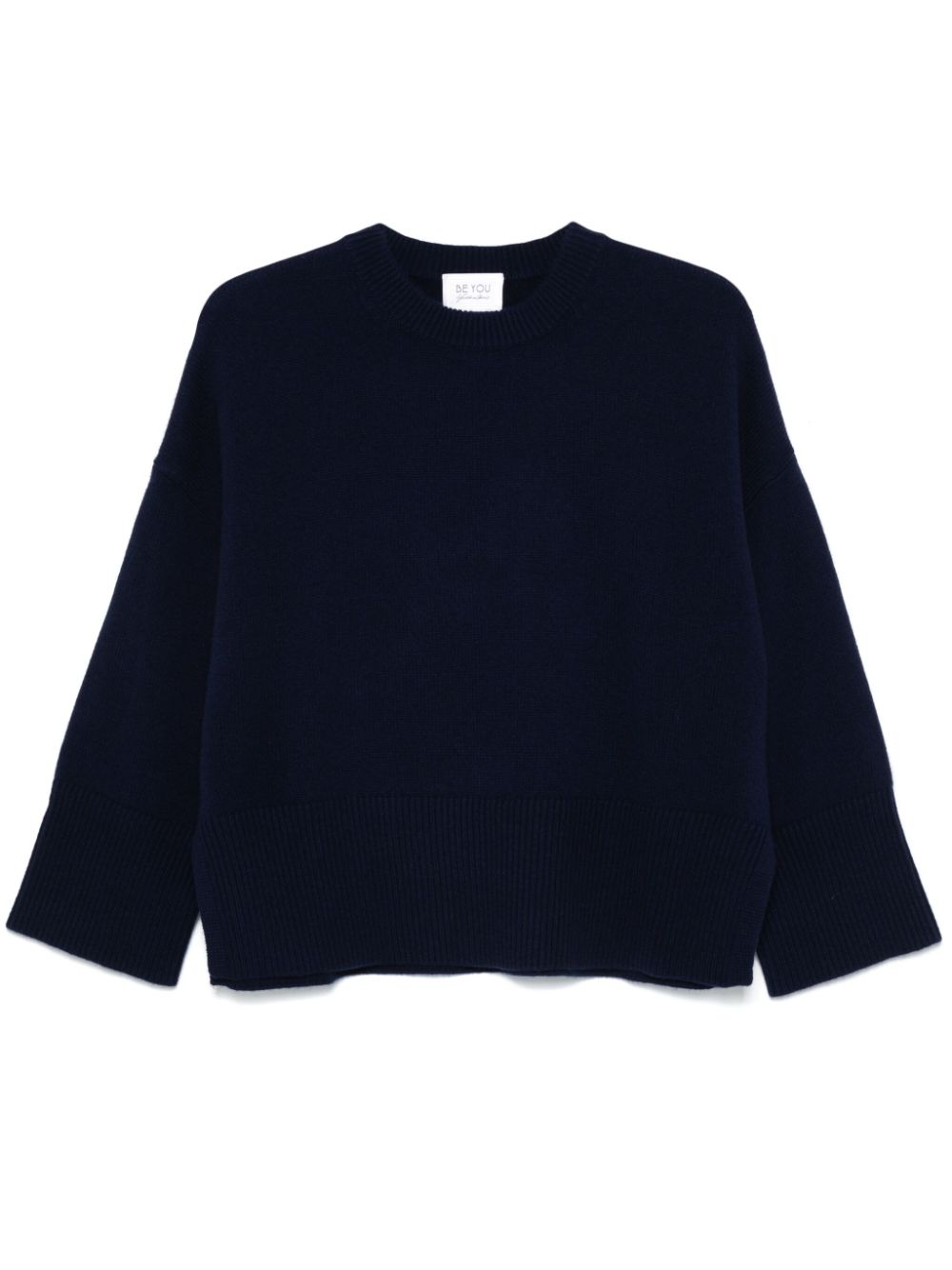 BEYOU Blue Cashmere Ribbed Trim Crew Neck Sweater image 0