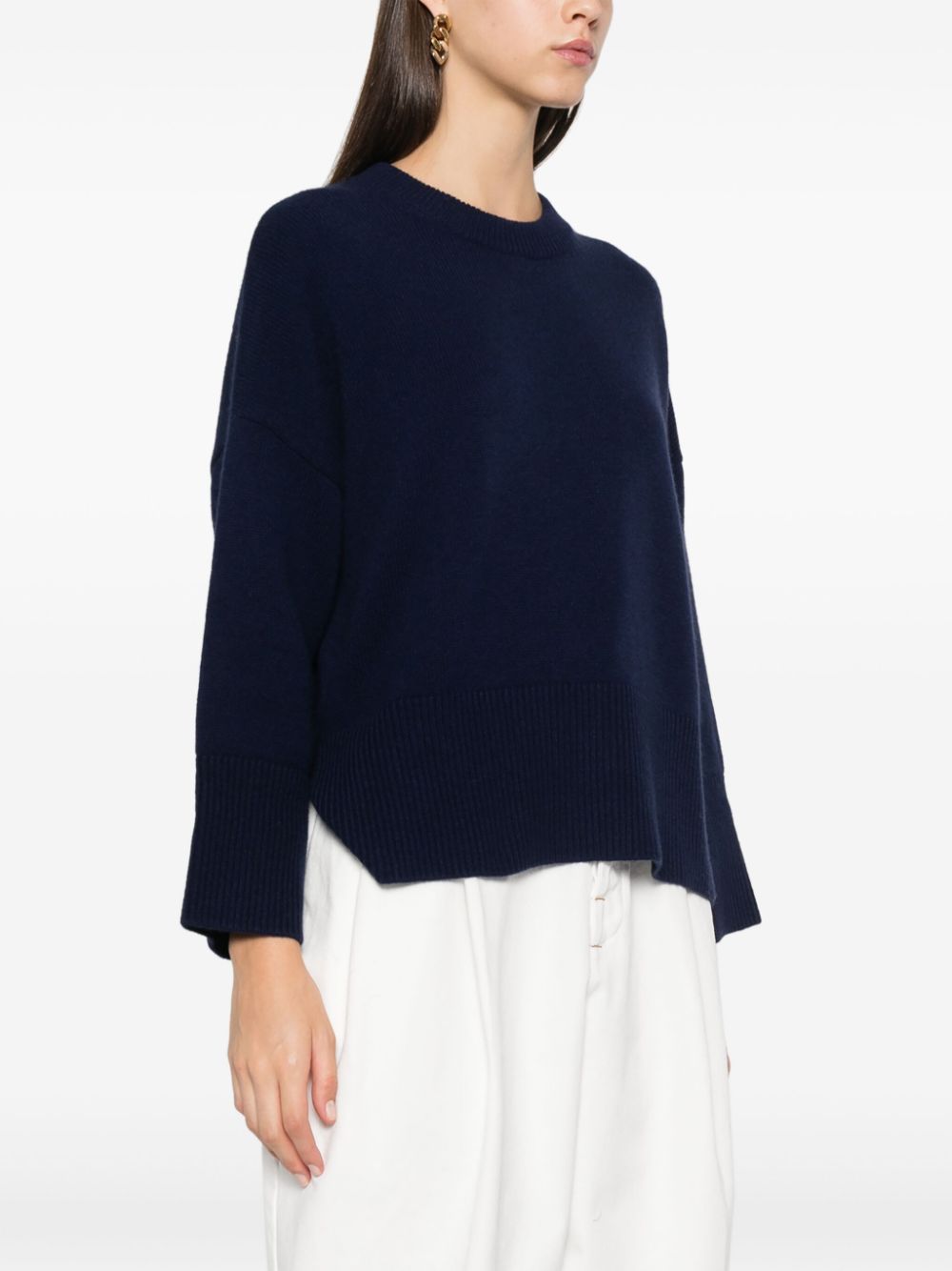 BEYOU Blue Cashmere Ribbed Trim Crew Neck Sweater image 3