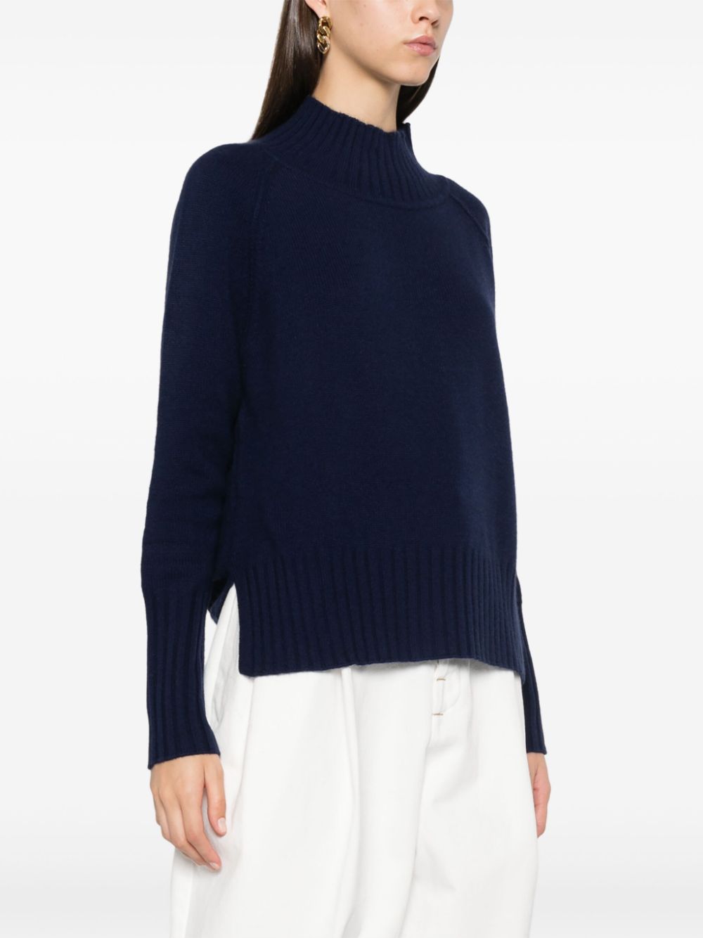 BEYOU Blue Cashmere Ribbed Mock Neck Sweater with Side Slits image 1