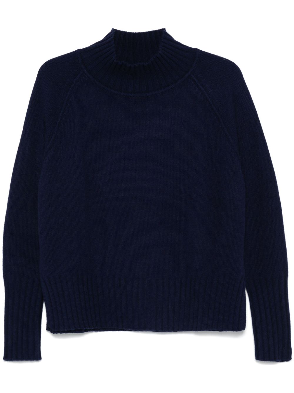 BEYOU Blue Cashmere Ribbed Mock Neck Sweater with Side Slits image 0