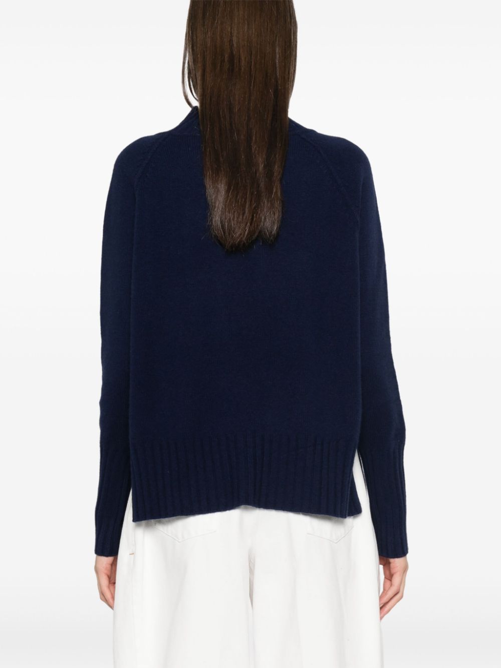 BEYOU Blue Cashmere Ribbed Mock Neck Sweater with Side Slits image 3