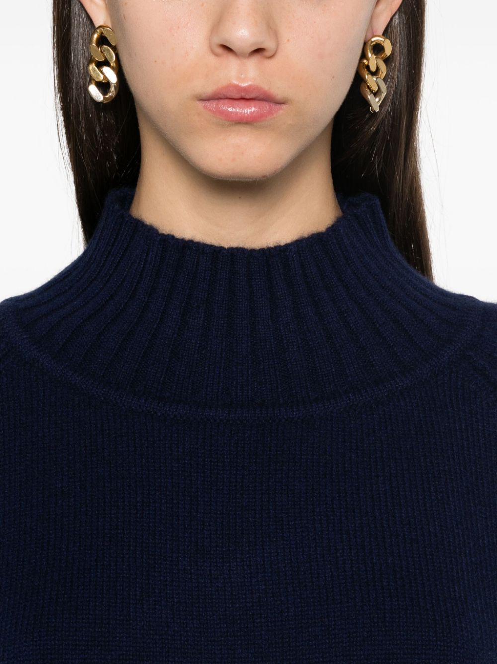 BEYOU Blue Cashmere Ribbed Mock Neck Sweater with Side Slits image 4