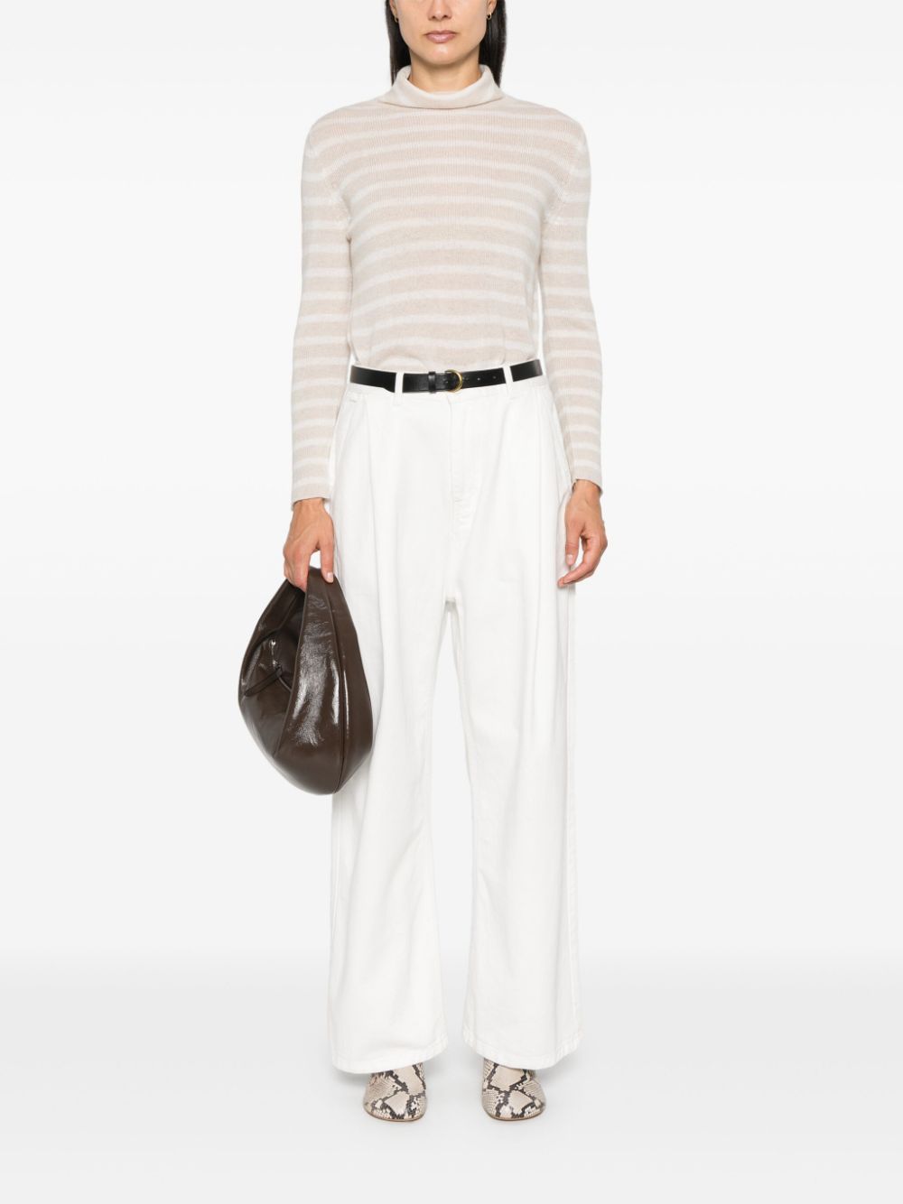 BEYOU Beige Cashmere Stripe Roll Neck Sweater image 3