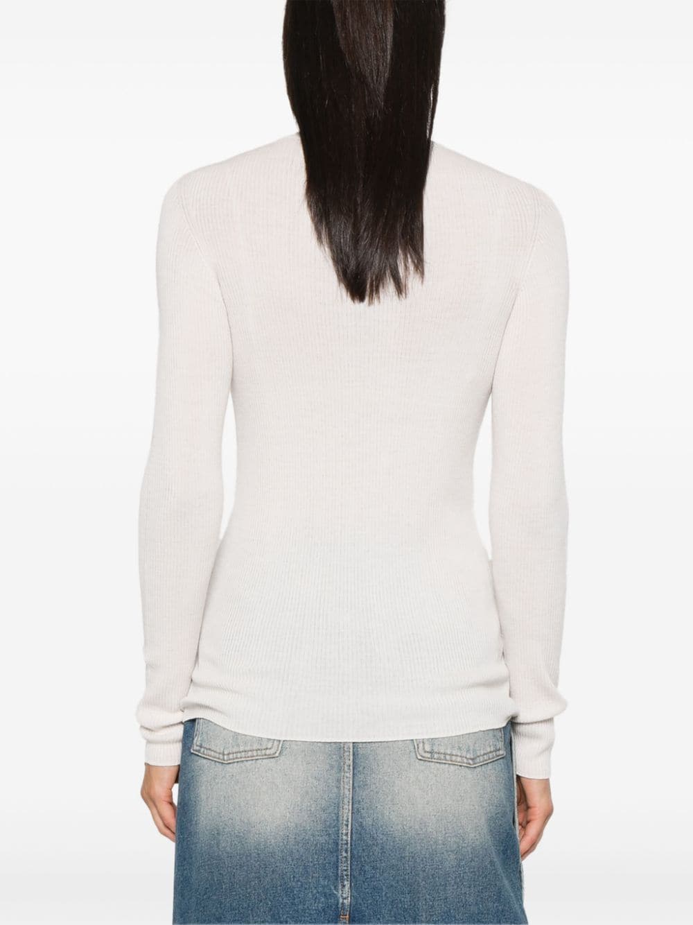 Women's White Ribbed Merino Wool Crew Neck Sweater image 1