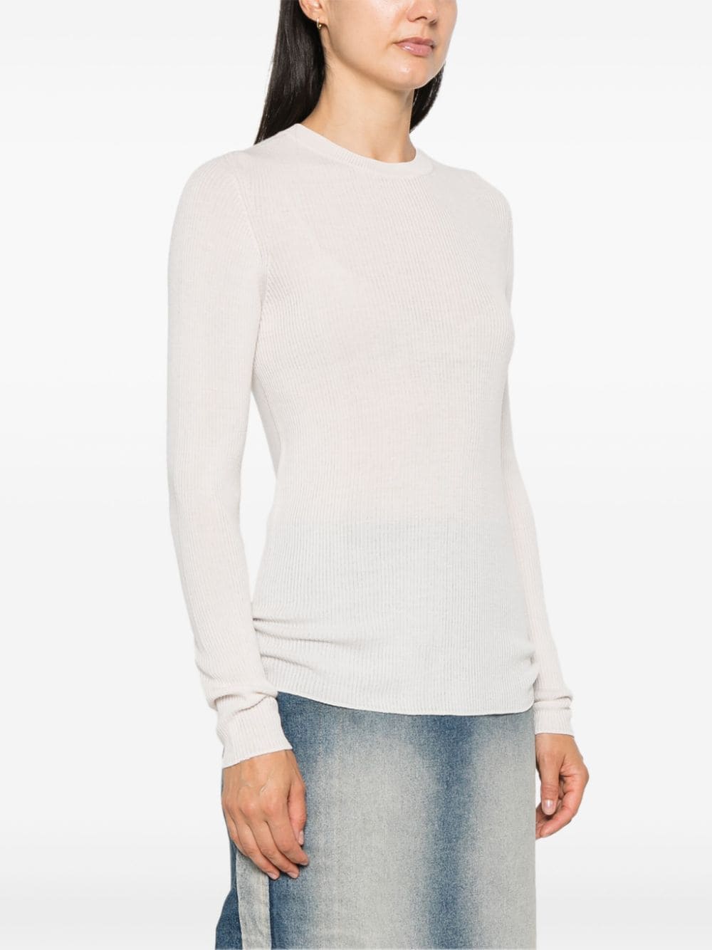 Women's White Ribbed Merino Wool Crew Neck Sweater image 3