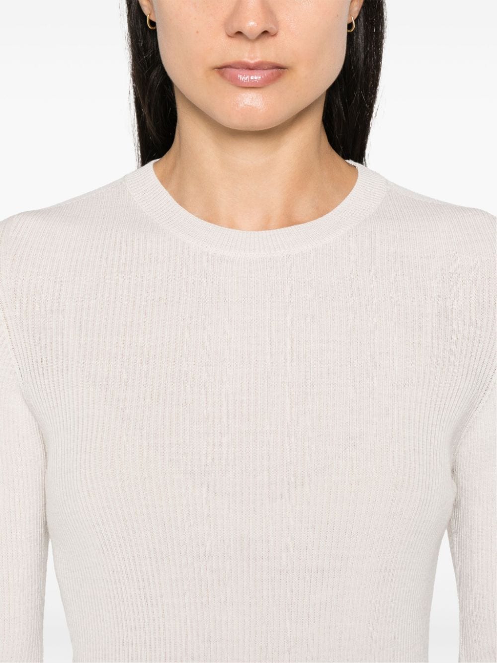 Women's White Ribbed Merino Wool Crew Neck Sweater image 4