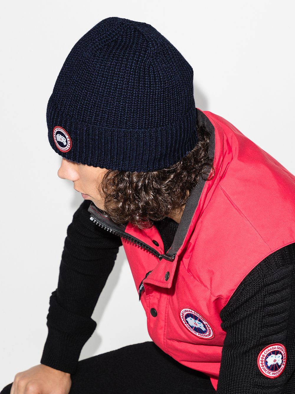 Canada Goose Ribbed Knit Wool Hat with Logo Patch - Blue image 2