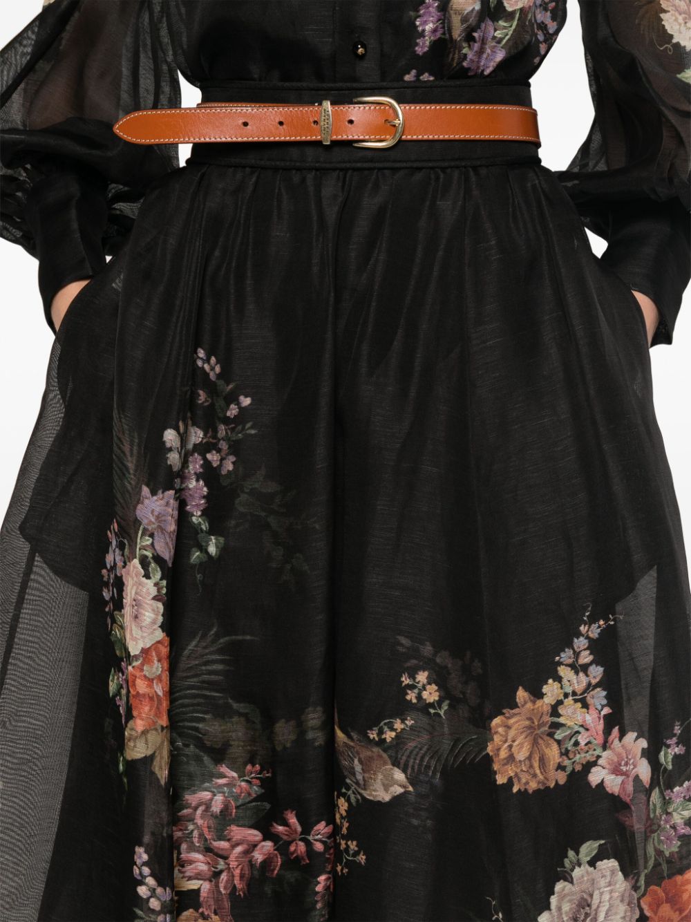 Zimmermann Black Linen-Silk Blend Organza Skirt with Slit Pockets image 3