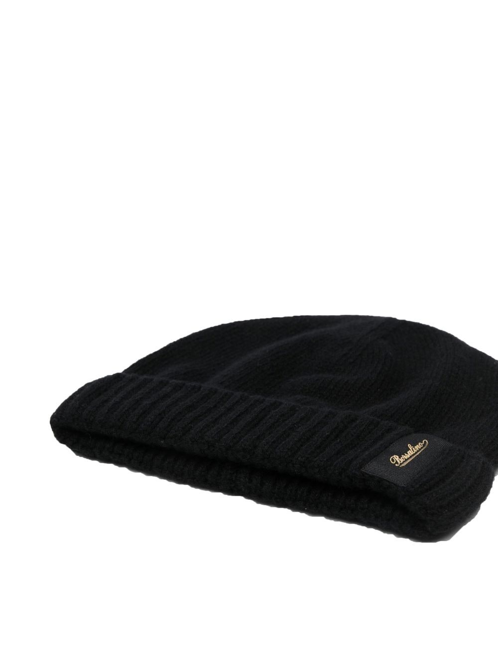 Borsalino Black Cashmere Ribbed Knit Hat with Logo Patch image 1