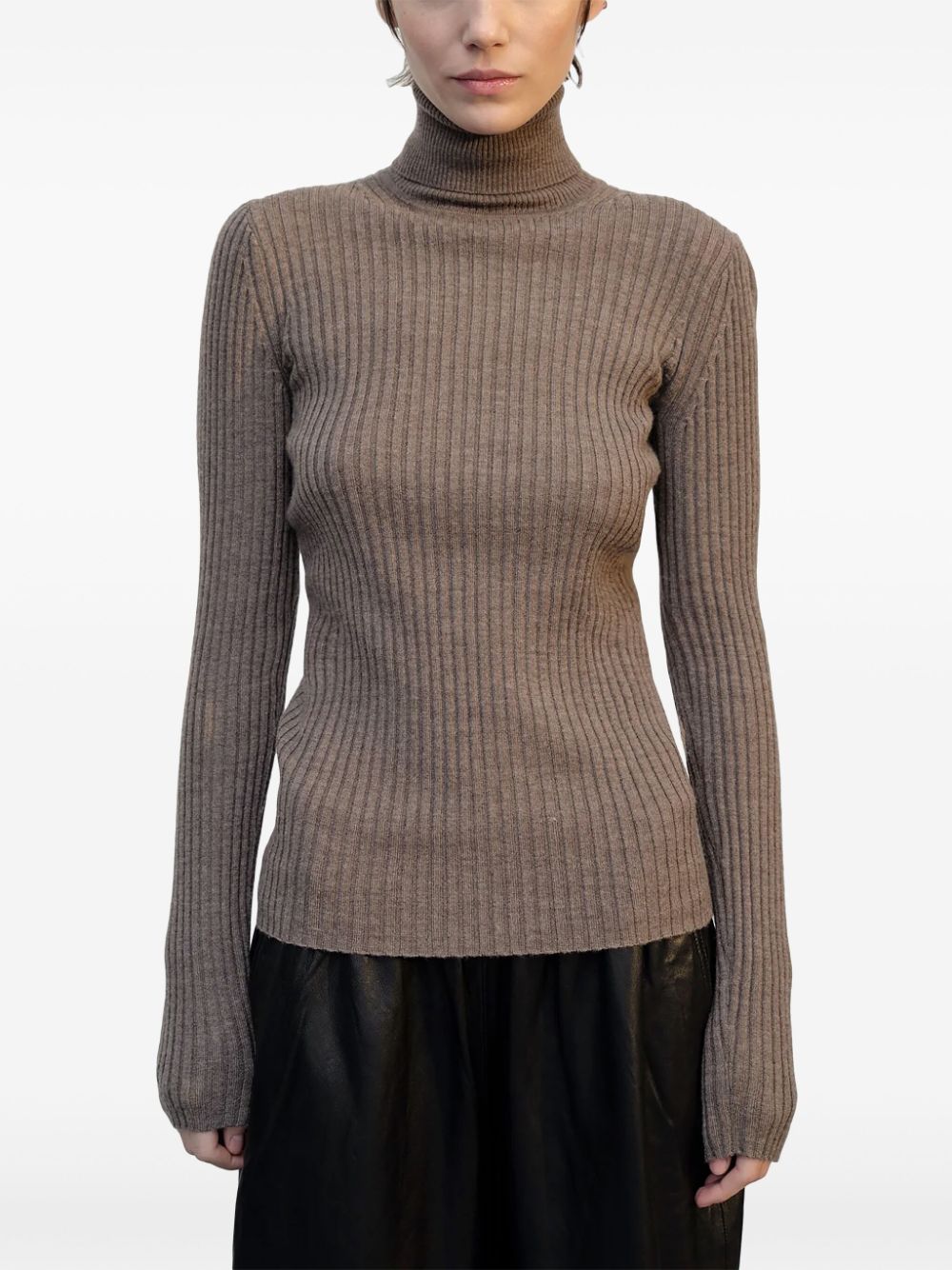 HERSKIND Beige Merino Wool Ribbed Knit Roll Neck Sweater image 1