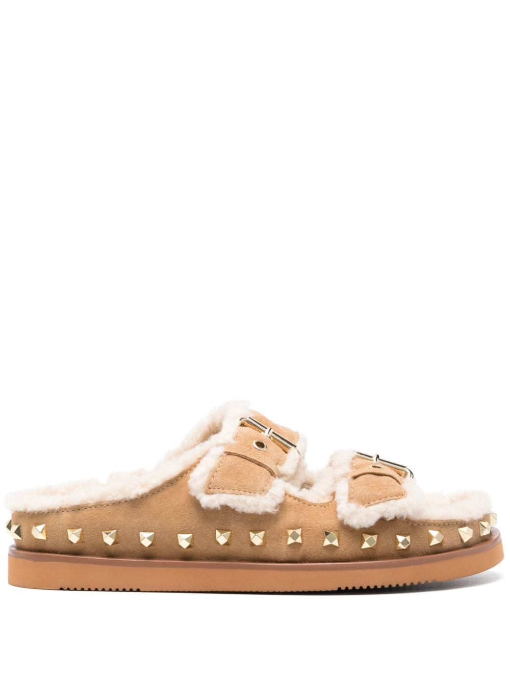 SLEEKEO Camel Suede Spike Stud Sandals image 0