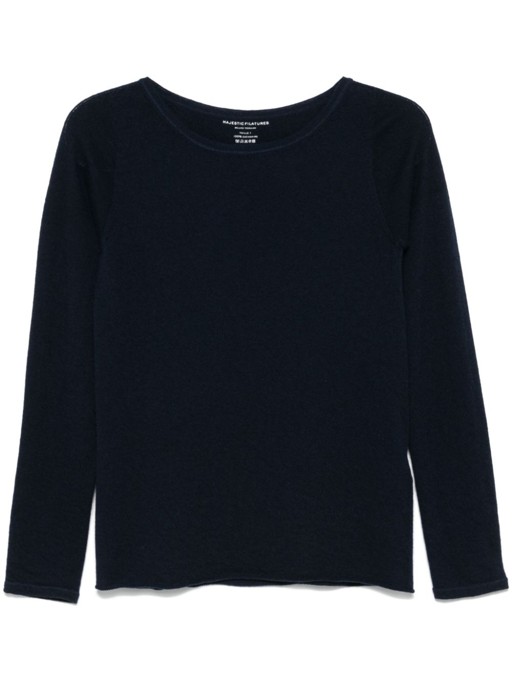 Navy Blue Cashmere Boat Neck Sweater with Rolled Trim image 0