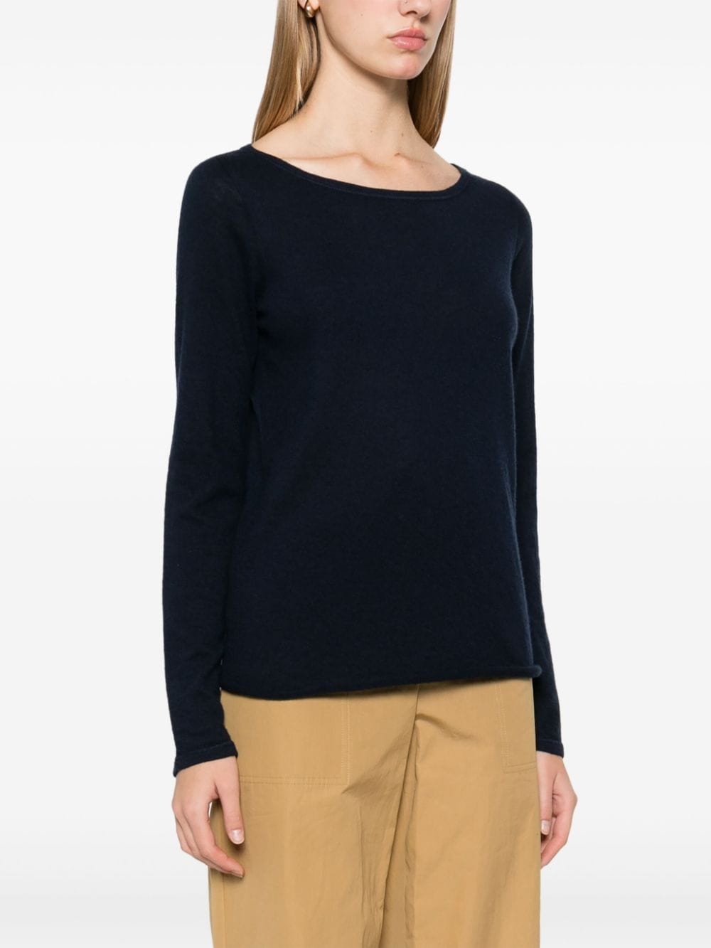 Navy Blue Cashmere Boat Neck Sweater with Rolled Trim image 2