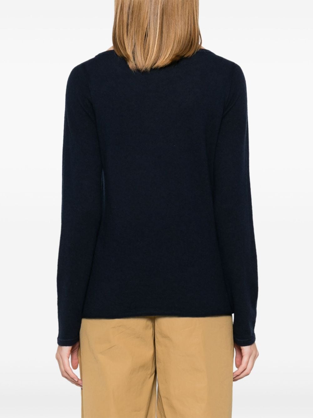 Navy Blue Cashmere Boat Neck Sweater with Rolled Trim image 3