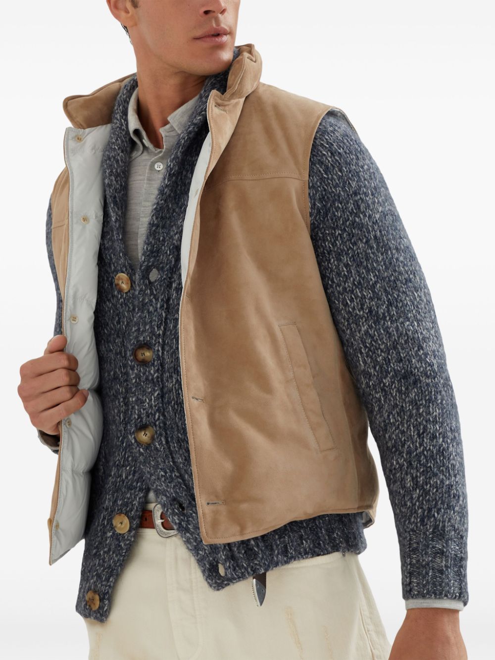 Brunello Cucinelli Beige Leather Padded Jacket image 5